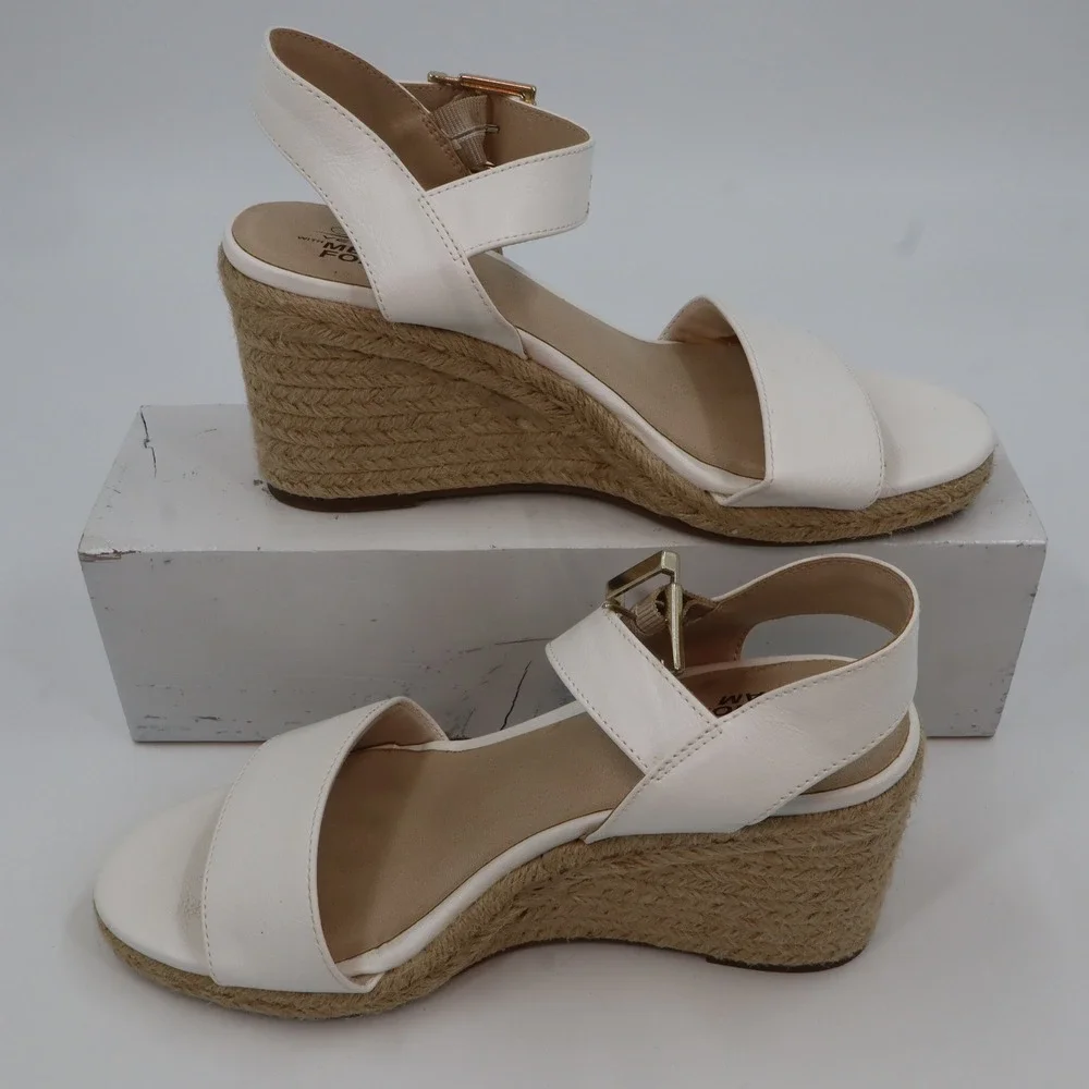LifeStride Espadrille Wedge Sandals Womens 9.5 White Faux‎ Leather Ankle Strap